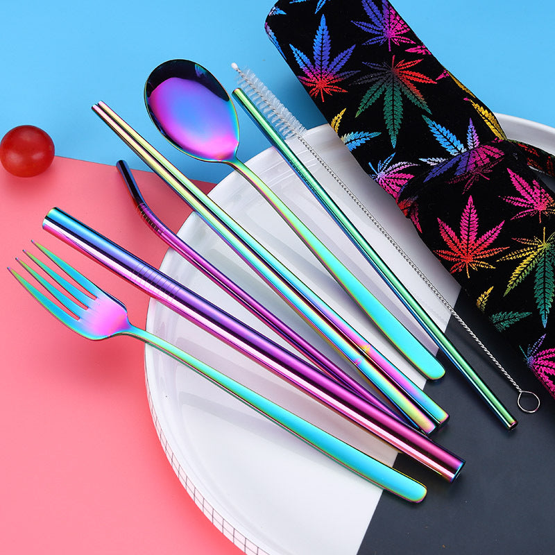 Stainless steel  spoon fork straw set